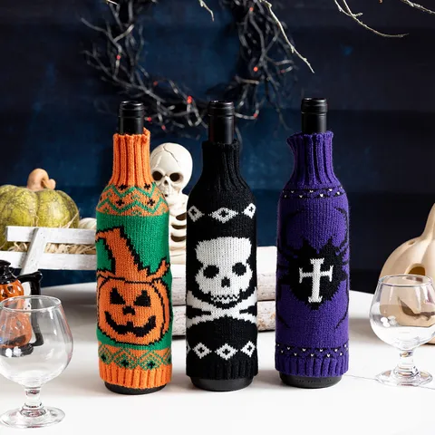 Funda de Punto para Botella de Vino de Halloween Calabaza Calavera Araña Jacquard Bolsa de Vino para Decoración de Mesa