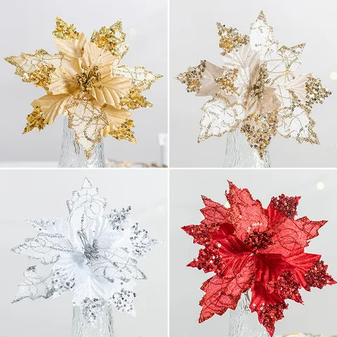 Glitter Sequin Poinsettia Artificial Christmas Flower Velvet Cloth DIY Christmas Tree Hanging Ornament For Festive Home Party Decor