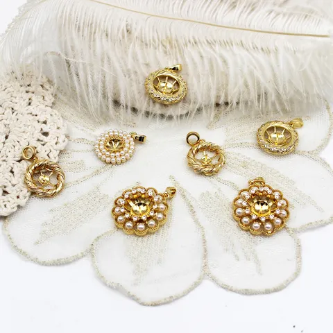 18K Verguld Koper Geometrische Ronde Parel Hanger Lege Zetting Voor DIY Sieraden Maken Accessoires Met Strass