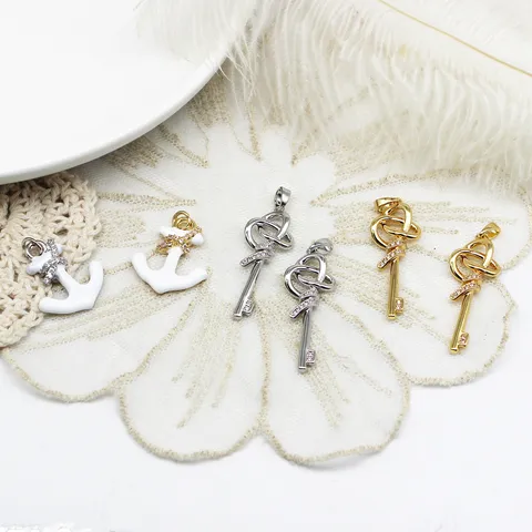 Large Enamel Anchor Key Pendant DIY Jewelry Accessories Gold Silver Plated Rhinestone Charm Necklace Material Women
