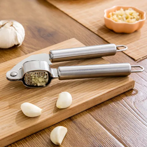 Stainless Steel Garlic Press Manual Garlic Crusher Squeezer Mincer Kitchen Gadget Tool With Hanging Loop Handle Silver