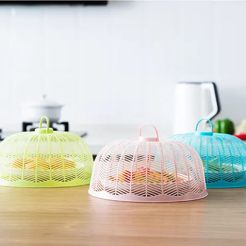 Plastic Food Cover Round Breathable Mesh Table Fly Protective Cover Anti Mosquito Draining Basket Umbrella Dome Dish Cover With Handle Home Kitchen Organizer
