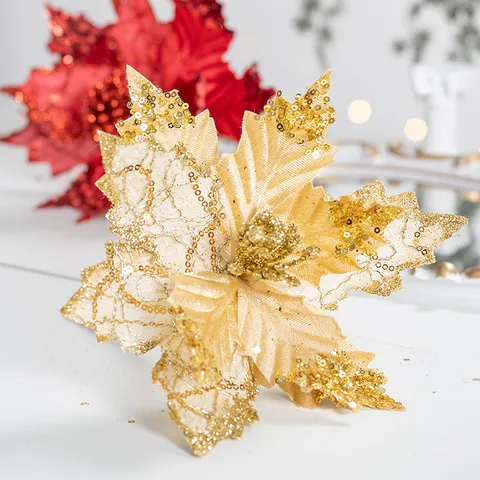 Glitter Sequin Poinsettia Artificial Christmas Flower Velvet Cloth DIY Christmas Tree Hanging Ornament For Festive Home Party Decor