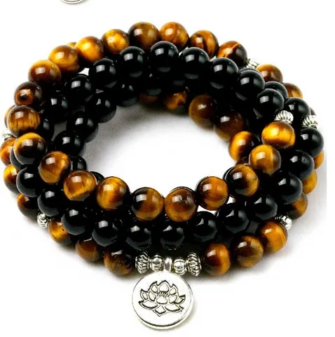 Obsidienne Naturelle Œil de Tigre 108 Perles Mala Bracelet Collier Alliage Lotus Bouddha Charme Yoga Prière Bijoux Cadeau