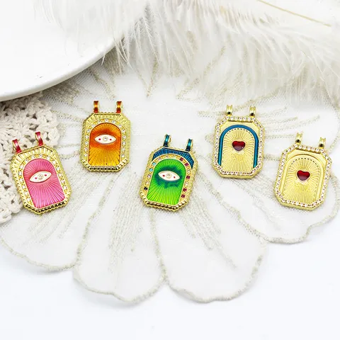 Retro Tarot Card Rectangular Pendant Gold Plated Copper Enamel Evil Eye Sun Heart Mushroom Bird DIY Jewelry Charms For Necklace Making