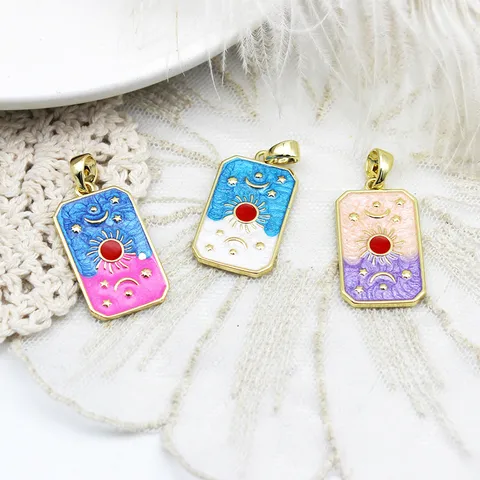 Retro Tarot Card Rectangular Pendant Gold Plated Copper Enamel Evil Eye Sun Heart Mushroom Bird DIY Jewelry Charms For Necklace Making