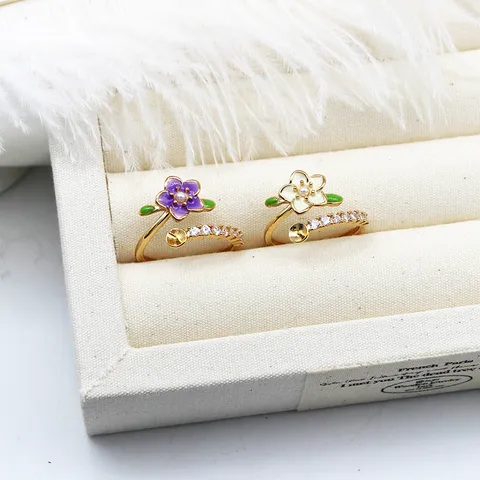 18K Gold Plated Copper Enamel Flower Adjustable Open Ring DIY Pearl Base 3D Rhinestone Animal Ring Jewelry For Women