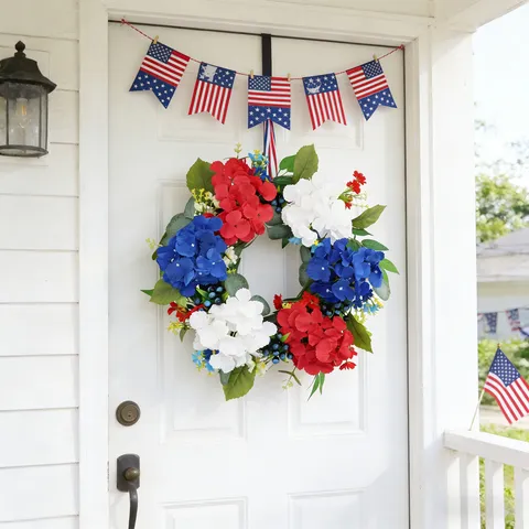 Ghirlanda di Ortensie Artificiali Patriottica Rosso Bianco Blu Fiori Finti Decorazione Porta per Giorno Indipendenza 4 Luglio