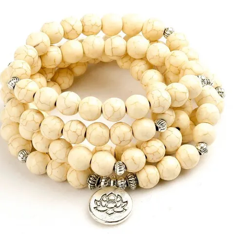 Pulsera Collar de Cuentas de Oración Mala de Piedra Natural Con Colgante de Loto Buda OM de Aleación Regalo de Joyería de Meditación de Yoga