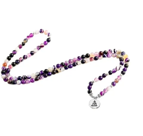 Natuurlijke Agaat Steen Kralen Gebed Armband Ketting Legering Lotus Buddha Hanger Yoga Meditatie Sieraden Cadeau Voor Unisex