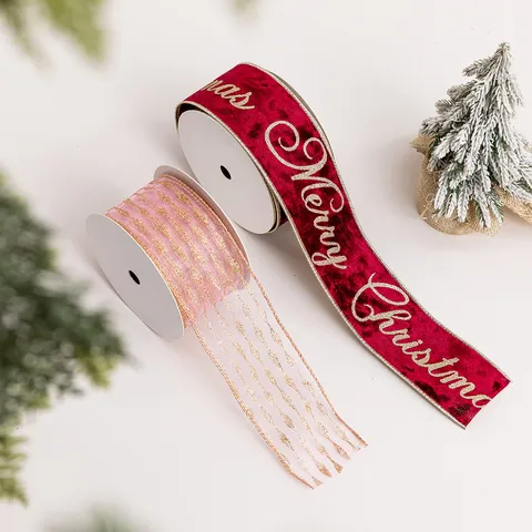 Christmas Wine Red Velvet Ribbon Pink Glitter Mesh Ribbon Single Sided Flocking DIY Bows Gift Wrapping Holiday Tree Decoration