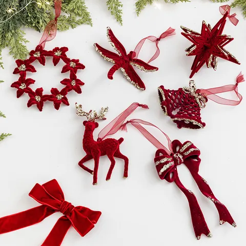 Burgundy Flocked Christmas Ornaments Deer Bow Wreath Star Dragonfly Pendant For Christmas Tree DIY Garland Wine Red Glitter Hanging Decor