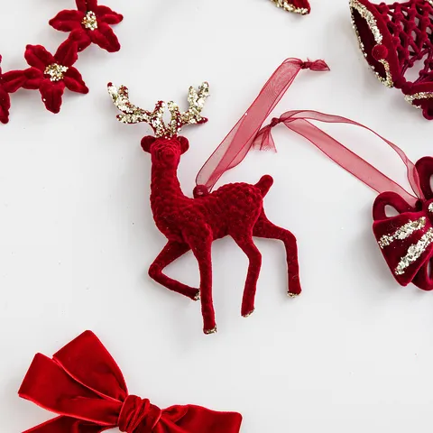 Burgundy Flocked Christmas Ornaments Deer Bow Wreath Star Dragonfly Pendant For Christmas Tree DIY Garland Wine Red Glitter Hanging Decor