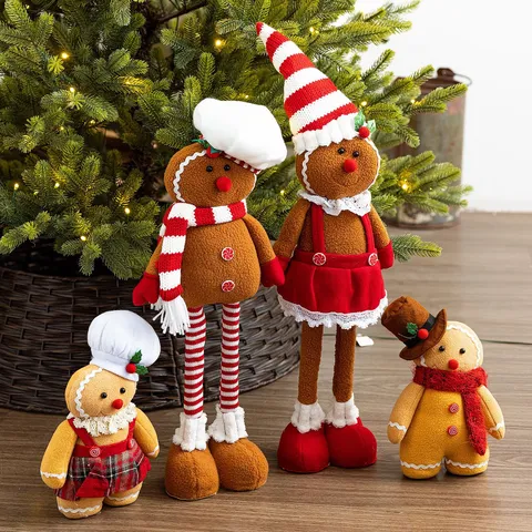 Christmas Gingerbread Man Plush Toy Retractable Doll Holiday Home Ornament Plaid Skirt Kitchen Chef Decor For Xmas Tree Party Favor