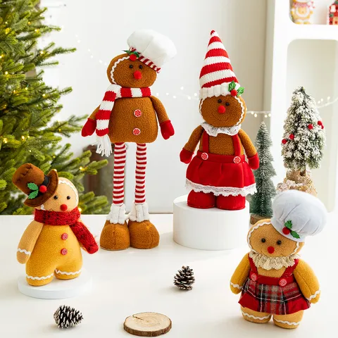 Christmas Gingerbread Man Plush Toy Retractable Doll Holiday Home Ornament Plaid Skirt Kitchen Chef Decor For Xmas Tree Party Favor