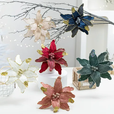 Velvet Sequin Artificial Christmas Poinsettia Flowers For Christmas Tree Wreath DIY Holiday Party Decor Ornaments