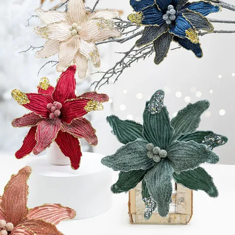 Velvet Sequin Artificial Christmas Poinsettia Flowers For Christmas Tree Wreath DIY Holiday Party Decor Ornaments
