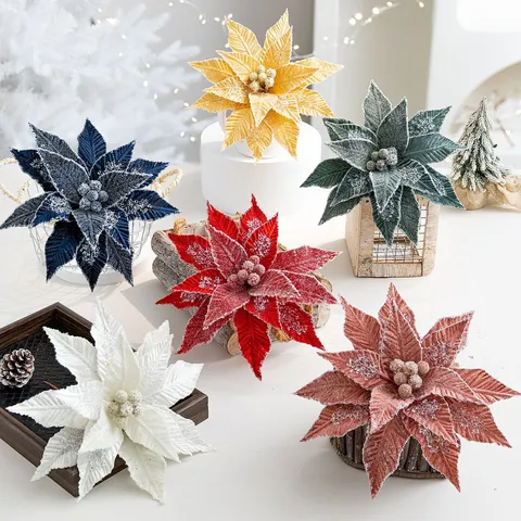 Artificial Velvet Poinsettia Christmas Flowers With Ice Crystal Glitter Ornaments For Christmas Tree Decor DIY Craft