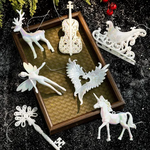 White Iridescent Christmas Tree Ornaments Elk Unicorn Angel Wings Violin Sledge Key Plastic Hanging Decor For Xmas Party
