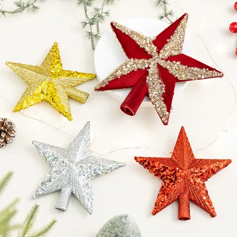 Puntale per Albero di Natale Stella Brillantinata con Paillettes Stella a Cinque Punte Oro Rosso Argento Decorazione