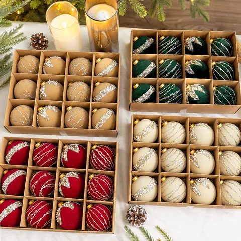 Flocked Plastic Christmas Tree Decoration Balls With Artificial Pearl Glitter Ornaments Holiday Party Home Decor Hanging Ornaments