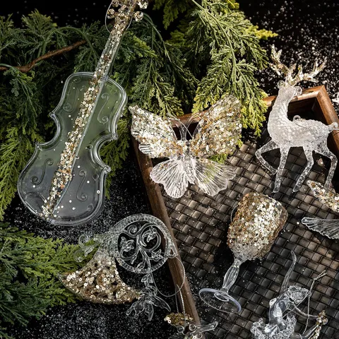 Clear Acrylic Christmas Tree Ornaments Set Transparent Gold Sequin Angel Elk Ballet Butterfly Hanging Decoration Decor