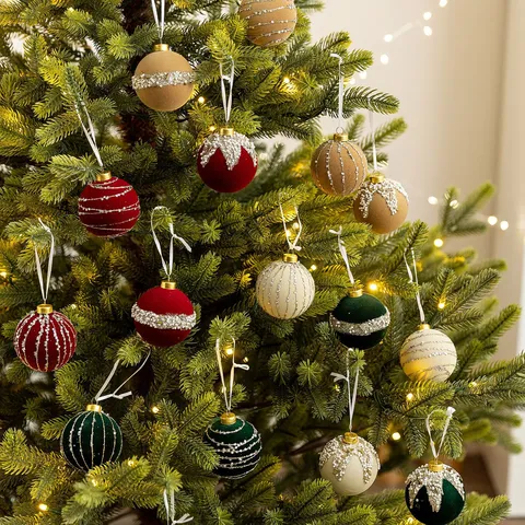 Flocked Plastic Christmas Tree Decoration Balls With Artificial Pearl Glitter Ornaments Holiday Party Home Decor Hanging Ornaments