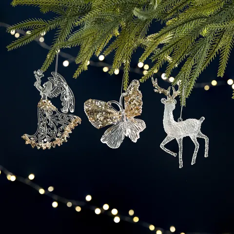 Clear Acrylic Christmas Tree Ornaments Set Transparent Gold Sequin Angel Elk Ballet Butterfly Hanging Decoration Decor