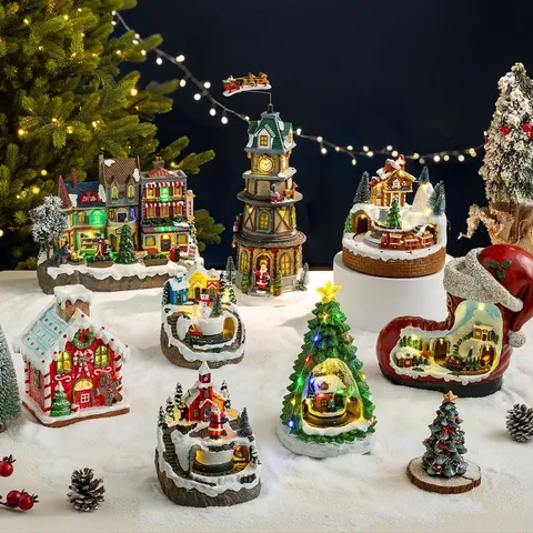 Christmas Glowing Rotating Train Musical Box LED Lighted Snow House Resin Desktop Ornament Festive Holiday Festival Gift Home Decor
