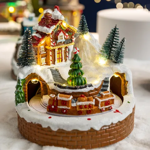 Christmas Glowing Rotating Train Musical Box LED Lighted Snow House Resin Desktop Ornament Festive Holiday Festival Gift Home Decor
