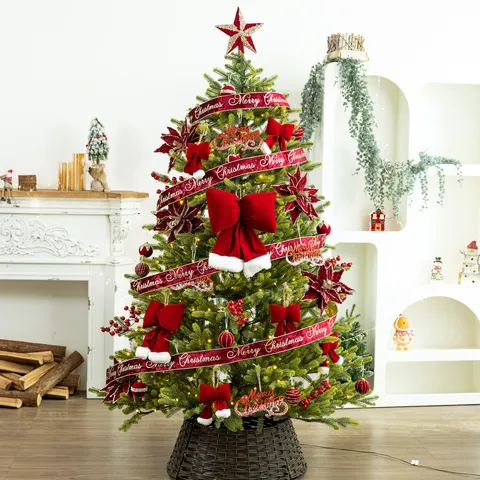 Wine Red Flocking Christmas Tree Ornaments Set Burgundy Velvet Ball Star Tree Topper Flowers Bows DIY Holiday Decor Gift Pack