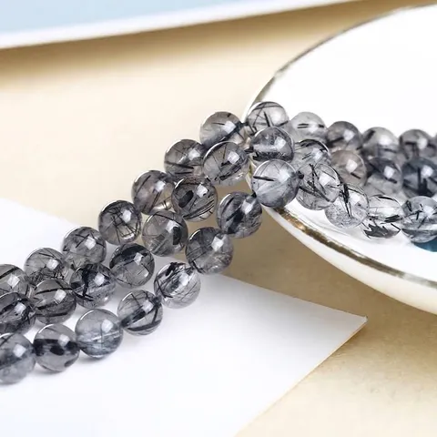 Natural Black Rutilated Quartz Round Loose Beads For DIY Bracelet Necklace Jewelry Making High Quality Polished Faceted Smooth Gemstone Accessories