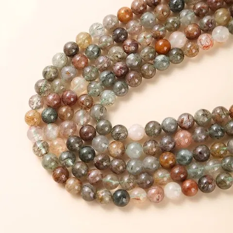 Cuentas Sueltas Redondas de Cuarzo Rutilado Rojo Verde Natural para Creación de Joyas DIY Pulsera Collar Artesanía