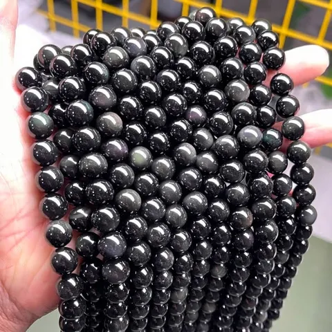 Natuurlijke Regenboog Oog Zwarte Obsidiaan Ronde Kralen Gepolijste Steen Losse Kralen Voor Sieraden Maken DIY Armband Ketting Unisex
