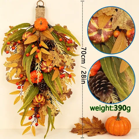 Artificial Fall Thanksgiving Pumpkin Berry Teardrop Wreath Simulation Pine Cone Swag For Home Front Door Garden Hanging Decor