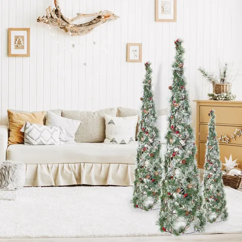 3er-Set Weihnachts-Kiefernturm-Bäume mit Kunstschnee Beeren und Zapfen Elegante Bodendekoration für Haus und Garten