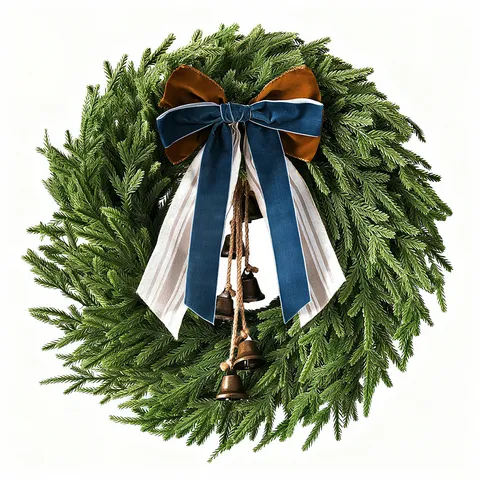 Ghirlanda di Natale in Pino di Norfolk Artificiale Con Fiocco in Velluto e Campane in Bronzo Retro Decorazione Natalizia da Parete