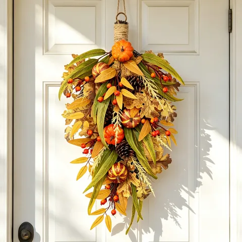 Artificial Fall Thanksgiving Pumpkin Berry Teardrop Wreath Simulation Pine Cone Swag For Home Front Door Garden Hanging Decor