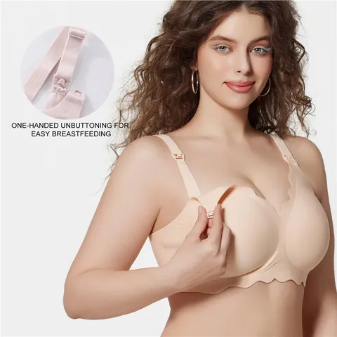 Women's Seamless Nursing Bra Wireless Maternity Underwear With One-Hand Nursing Clasp Wave Edge Large Size Comfortable Bra
