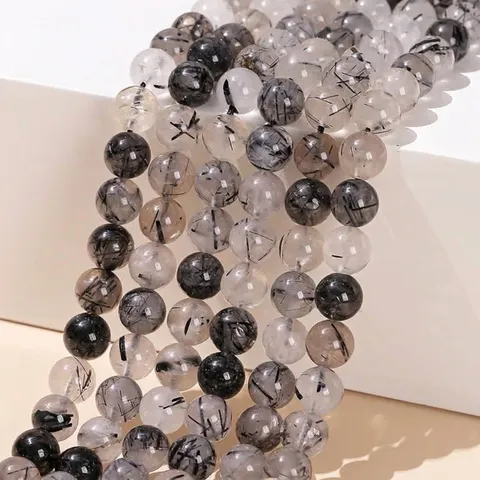 Cuentas sueltas de cuarzo rutilado negro natural redondas lisas facetadas piedra de energía de cristal para hacer joyas DIY pulsera collar accesorios hechos a mano