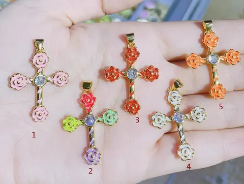 Micro-Inlaid 14K Gold Plated Zircon Cross Rose Enamel Drip Oil Pendant Jewelry Accessory Gift