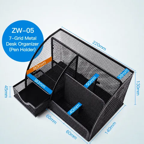 Metal Mesh Desk Organizer Multi-Functional Pen Holder Business Card Desktop Storage Box Office School Supplies Black
