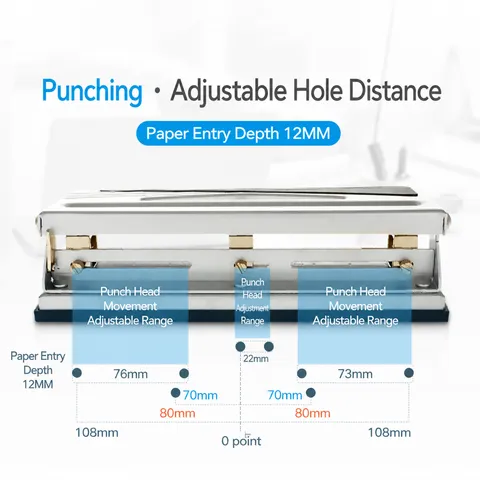 Heavy Duty 3-Hole Metal Paper Puncher Adjustable Pitch Desktop Document Binding Office School Stationery Tool