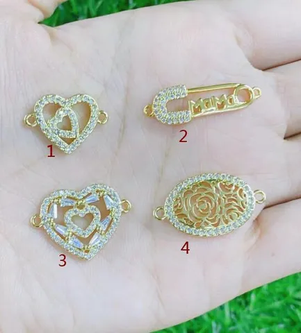 Gold Plated Copper Alloy Heart Safety Pin Floral Pendants DIY Connector Rhinestone Jewelry Making Charms Accessories