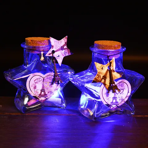 Bouteille à Vœux en Verre Étoile Créative Avec Guirlande LED Pentagramme Bouteille Drifting Cadeau Romantique Anniversaire Décoration