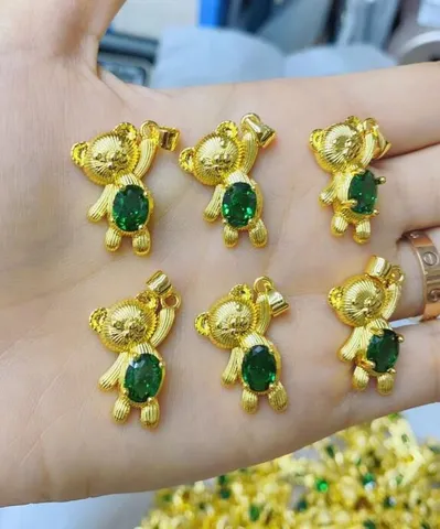 Cute Little Bear Pendant Copper Gold Plated Green Zircon Charm Necklace DIY Accessory