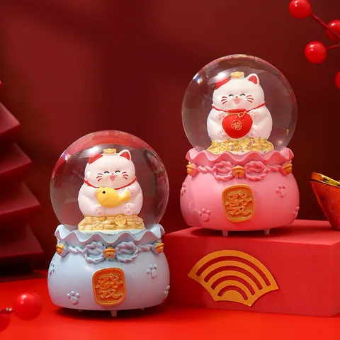 New Year Glowing Crystal Ball Ornament Lucky Cat God Of Wealth Resin Snow Globe Cute Desktop Decor Festive Gift