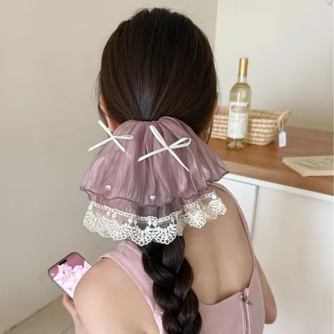 Romantic French Style Bow Lace Skirt Ponytail Hair Claw Clip For Women Vintage Mesh Ruffle Shark Clip Rhinestone Hairpin Accessory