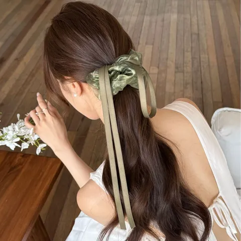 Elegante Groene Organza Zijden Lint Strik Scrunchie Voor Vrouwen Franse Vintage Bosstijl Lange Streamer Haaraccessoires