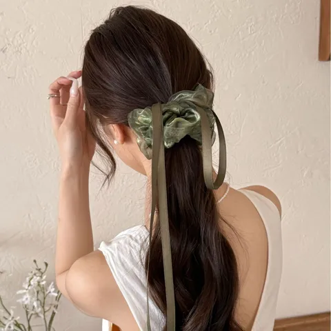 Elegante Groene Organza Zijden Lint Strik Scrunchie Voor Vrouwen Franse Vintage Bosstijl Lange Streamer Haaraccessoires